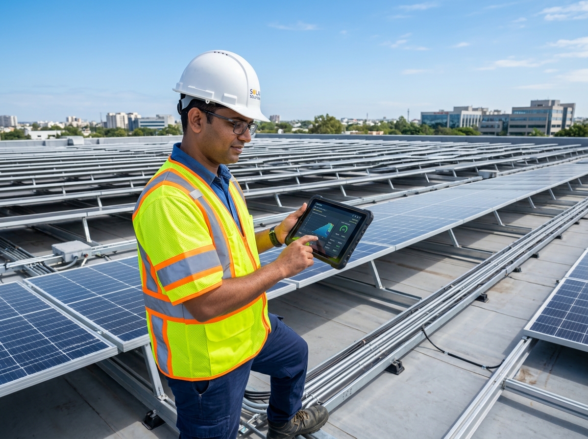 Indian Solar Engineer inspecting rooftop panels