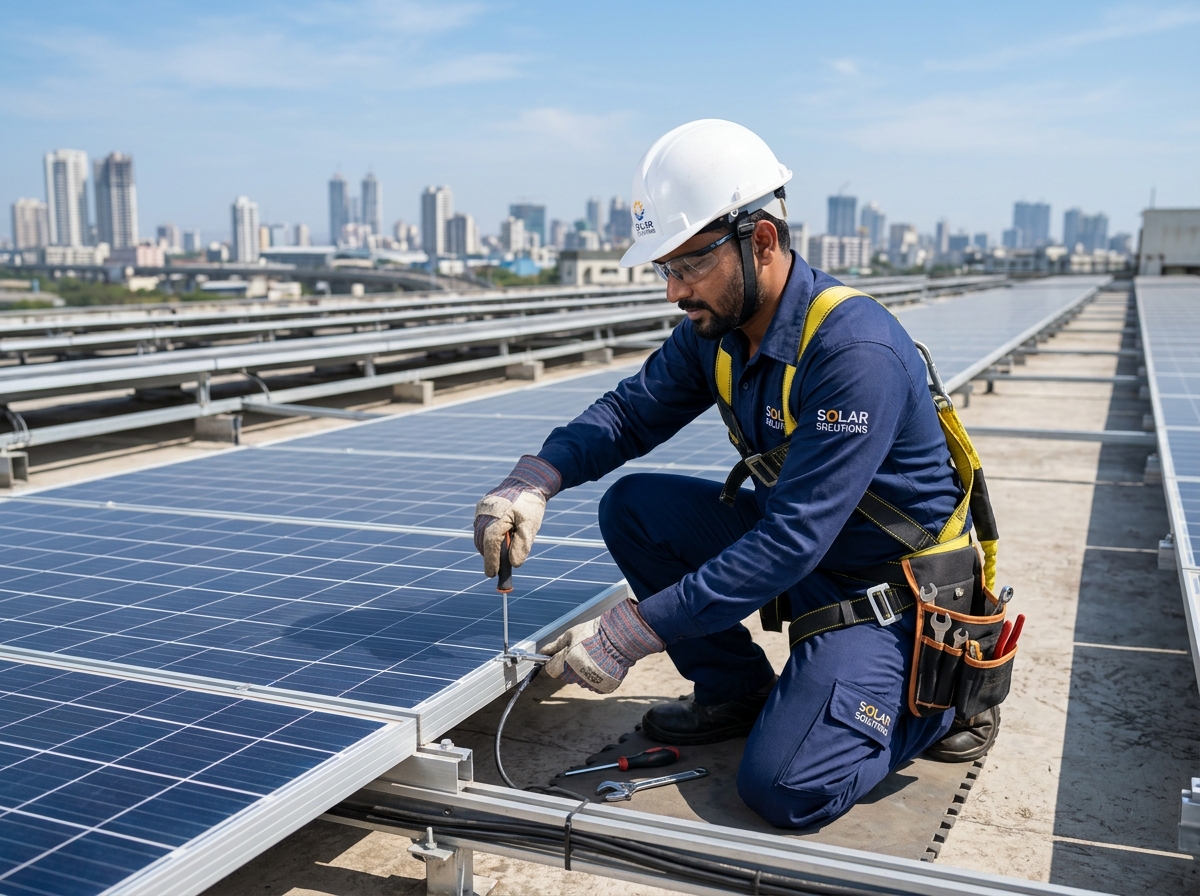 Indian Solar Technician fixing solar panels