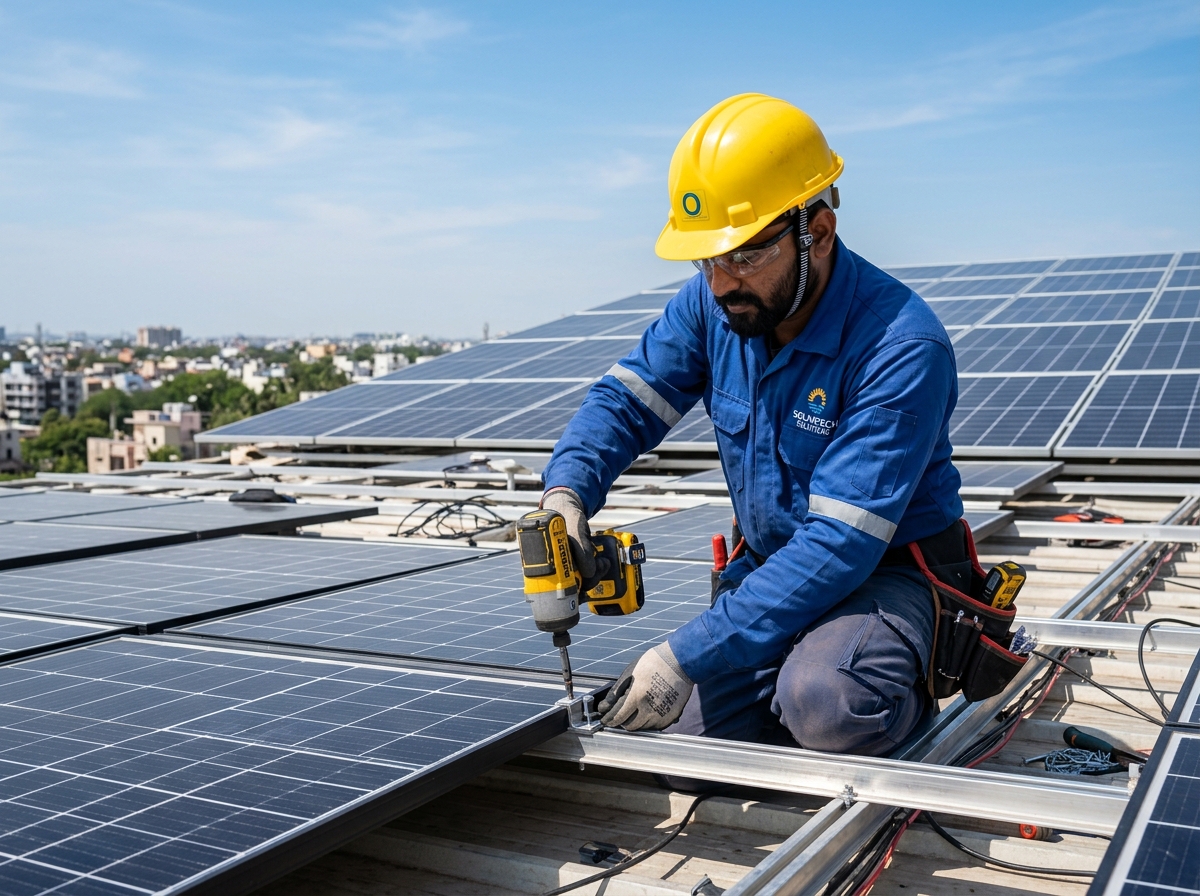 Indian Solar Technician installing rooftop solar panels
