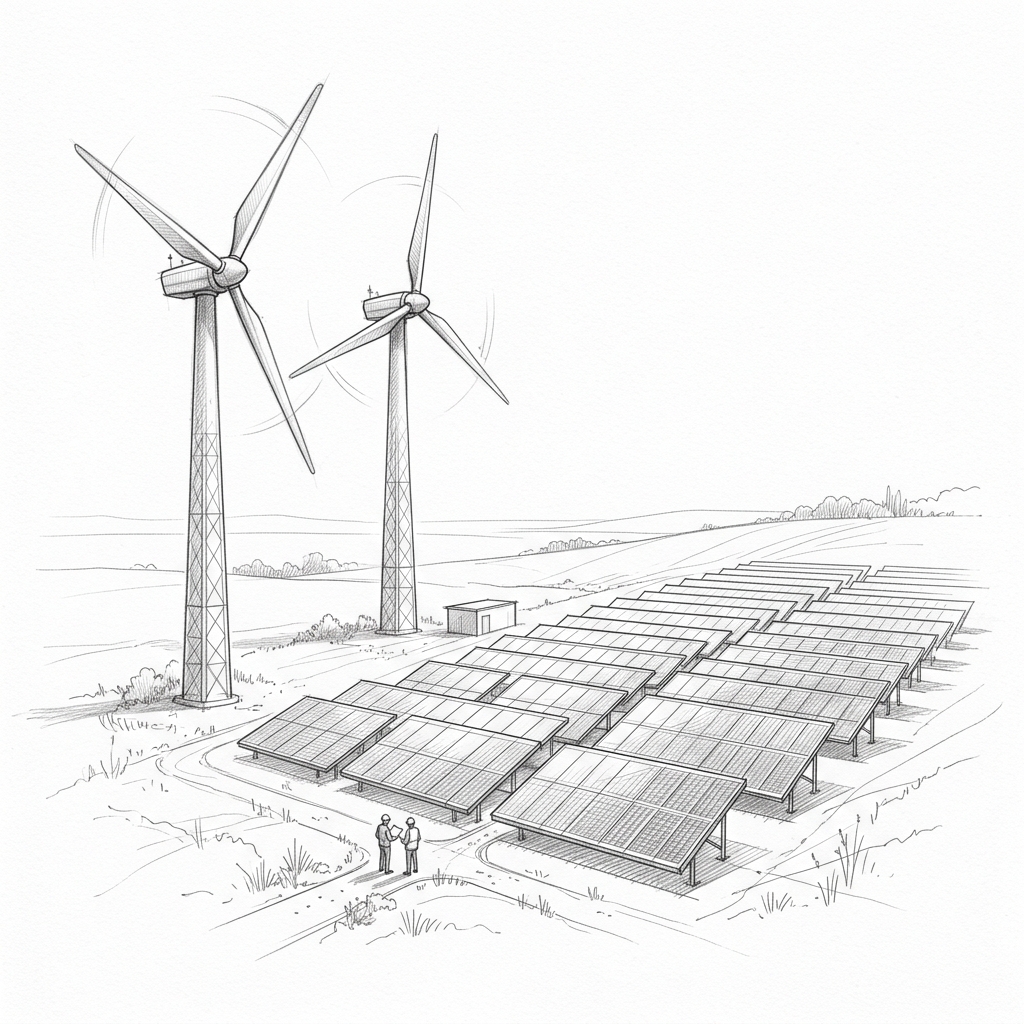Solar and wind turbine pencil sketch artwork
