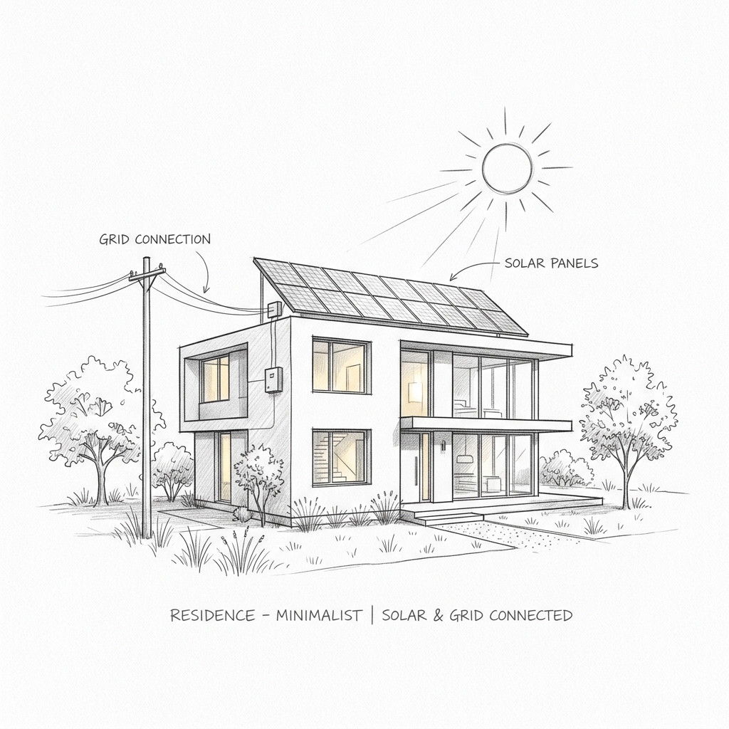 Rooftop solar residence pencil sketch artwork decoration