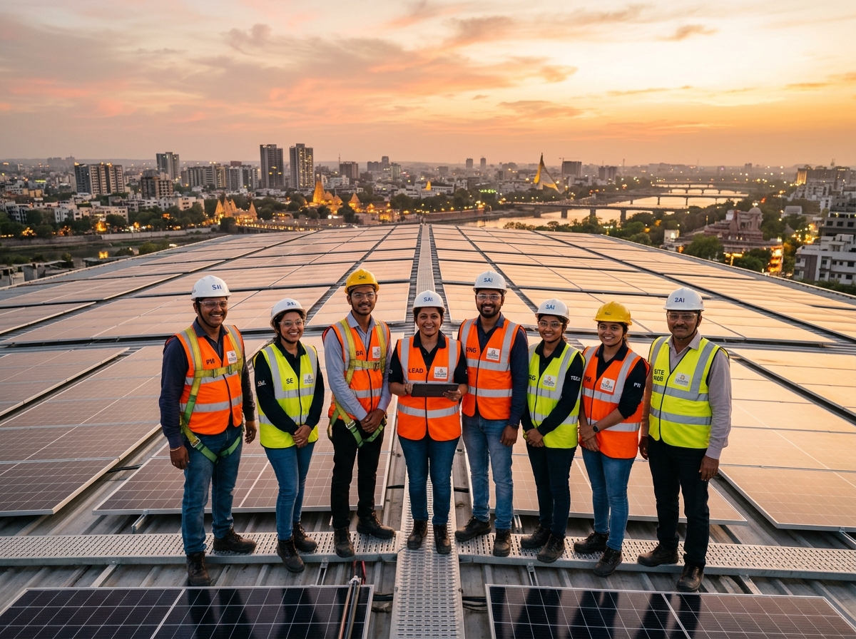 Indian solar engineering team collaborating at sunset