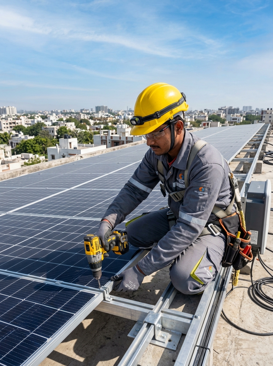 Indian Solar Technician installing solar rooftop panels