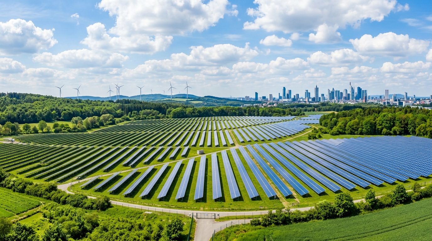 Panoramic solar farm landscape with wind turbines